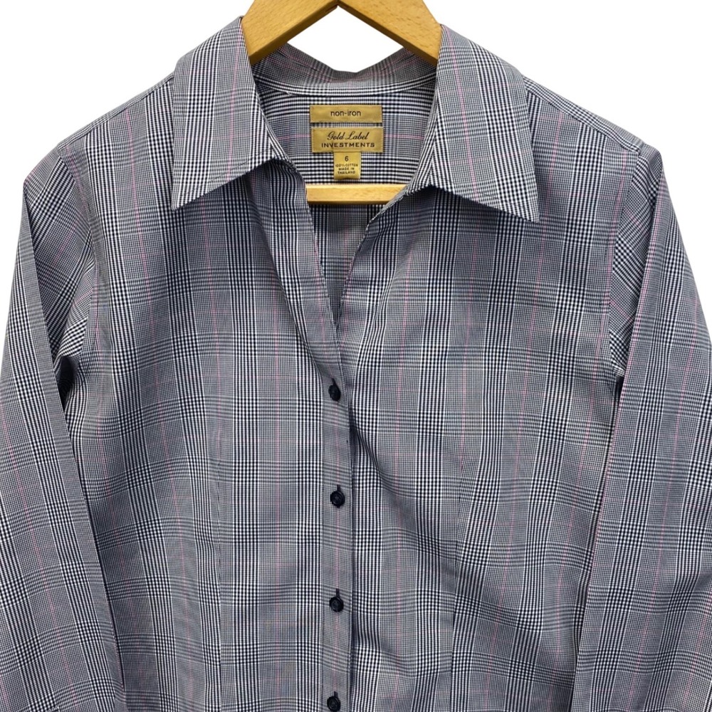 Gold Label Investments Womens 6 Non-Iron Cotton Glen‎ Plaid Button Down Shirt